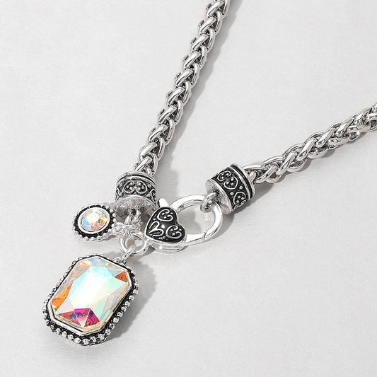 Rectangular Stone Pendant Antique Metal Necklace