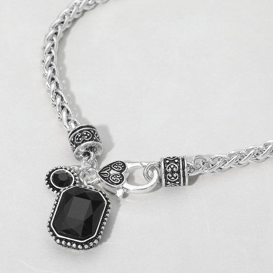 Rectangular Stone Pendant Antique Metal Necklace