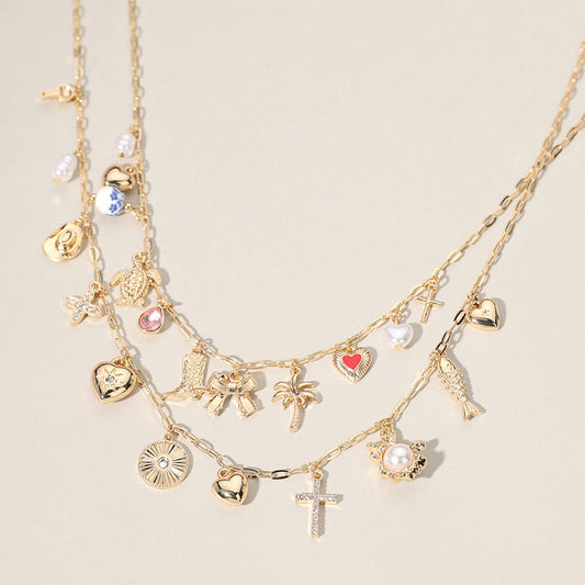 2PCS - Metal Fish Palm Tree Bow Cowboy Boot Sea Turtle Pearl Heart Cross Ceramic Ball Charm Station Necklace