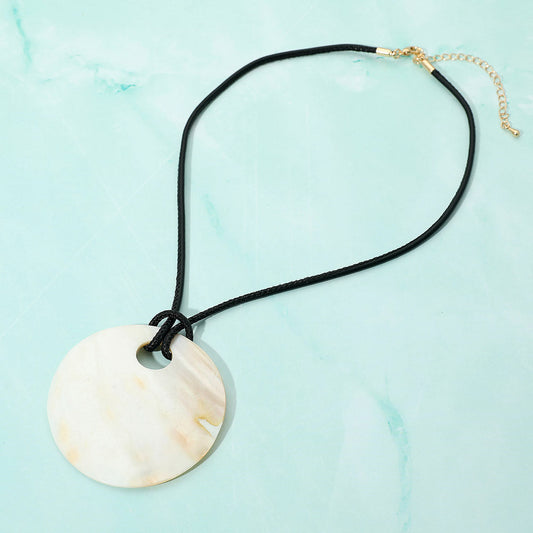 Round Mother of Pear Disc Pendant Faux Leather Cord Necklace