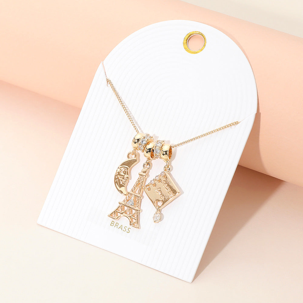 Crescent Moon Eiffel Tower Secret Love Book Charm Beaded Necklace
