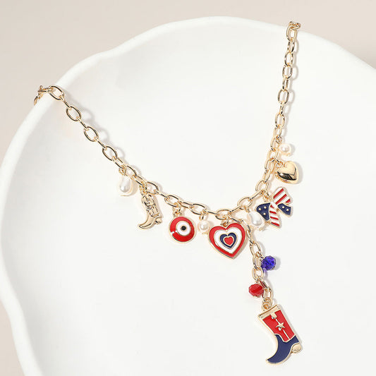 Enamel American USA Flag Western Cowboy Boot Bow Heart Pearl Charm Station Necklace