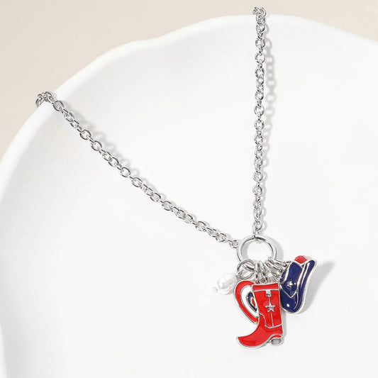 Enamel American USA Flag Western Cowboy Boot Hat Heart Pearl Charm Pendant Necklace