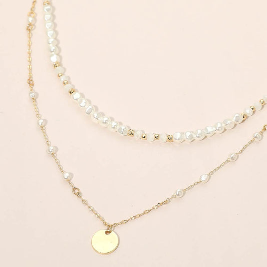 Metal Disc Pendant Pearl Beaded Layered Chain Necklace