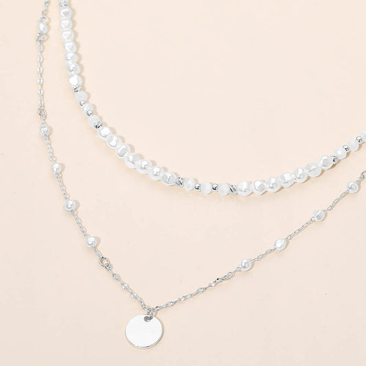 Metal Disc Pendant Pearl Beaded Layered Chain Necklace