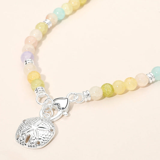 Textured Metal Sand Dollar Charm Pendant Beaded Necklace