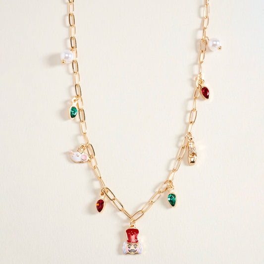 Christmas Pearl Charm Station Paperclip Chain Necklace