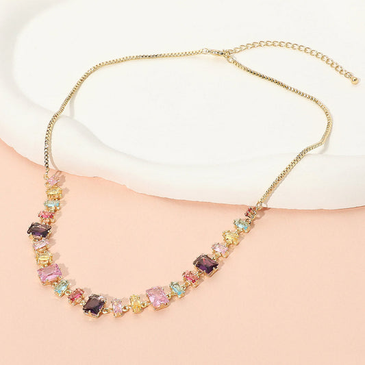 Stainless Steel Mixed Shape Faceted Gem Link Necklace