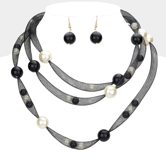 Pearl Accented Triple Layered Mesh Bib Necklace