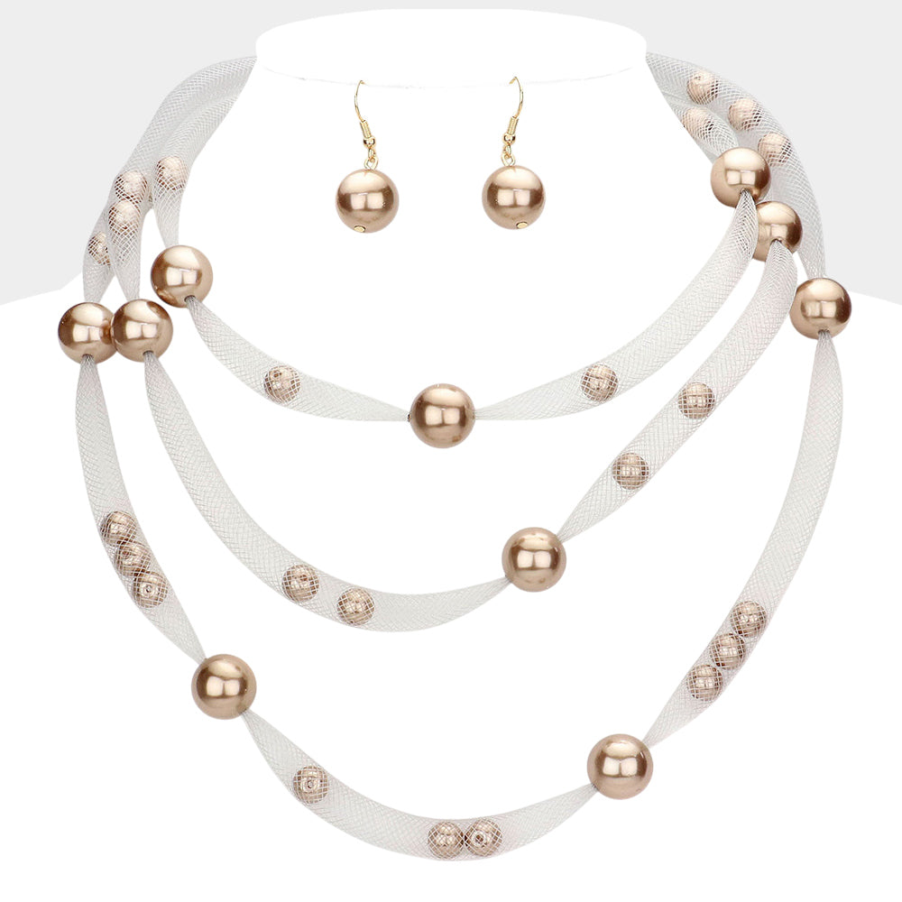 Pearl Accented Triple Layered Mesh Bib Necklace