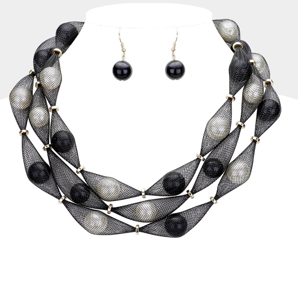 Triple Mesh Tube Pearl Collar Necklace