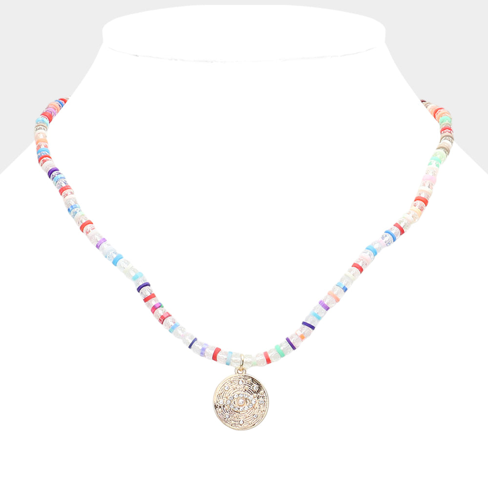 Evil Eye Accented Rhinestone Embellished Round Pendant Beaded Necklace