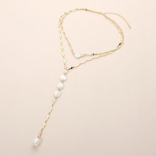 Round Pearl Link Charm Drop Cross Link Chain Y Necklace
