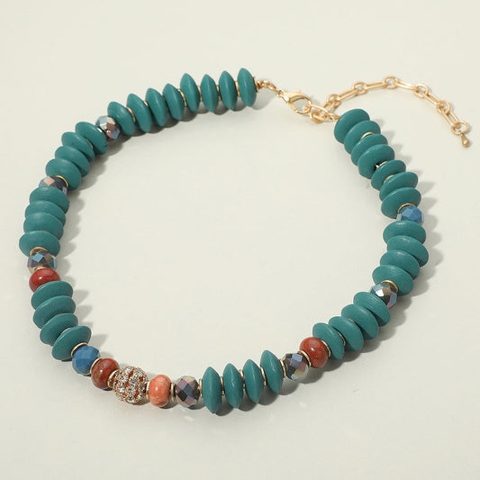 Paved Stone Ball Centered Mixed Beaded Statement Necklace