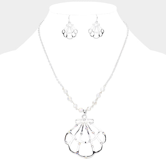 Stone Embellished Cut Out Metal Shell Pendant Necklace