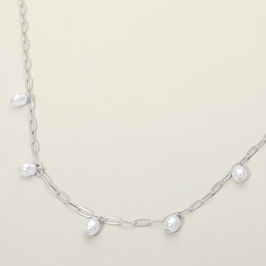 Minimal Pearl Bead Charm Station Paperclip Chain Necklace