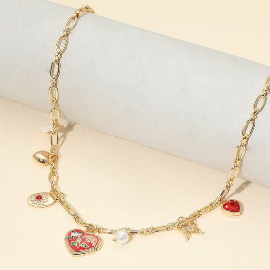 Butterfly Flower Enamel Detailed Heart Pendant Charm Station Necklace