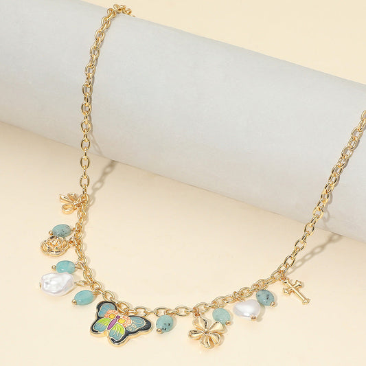 Enamel Butterfly Flower Cross Bow Heart Pearl Charm Station Necklace