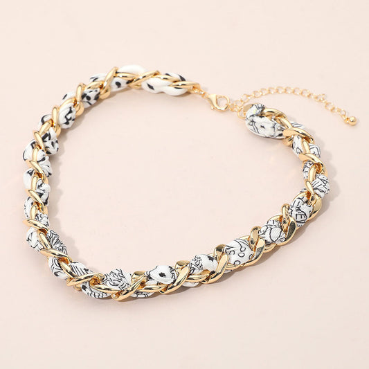 Fabric Scarf Metal Chain Wrap Necklace