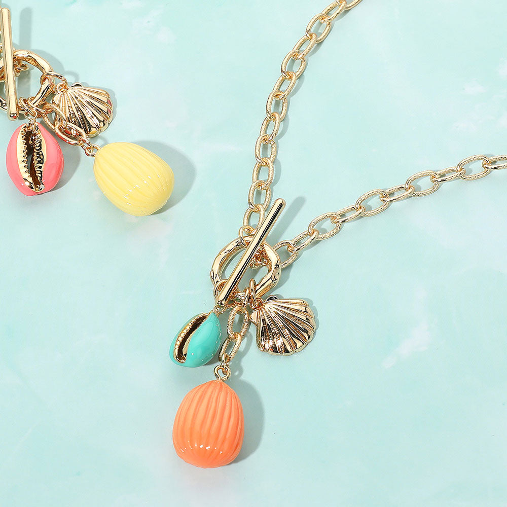 Enamel Sea Shell Puka Shell Toggle Pendant Necklace