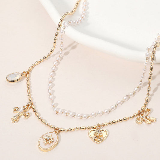Cross Floral Heart Bow Charm Station Pearl Layered Necklace
