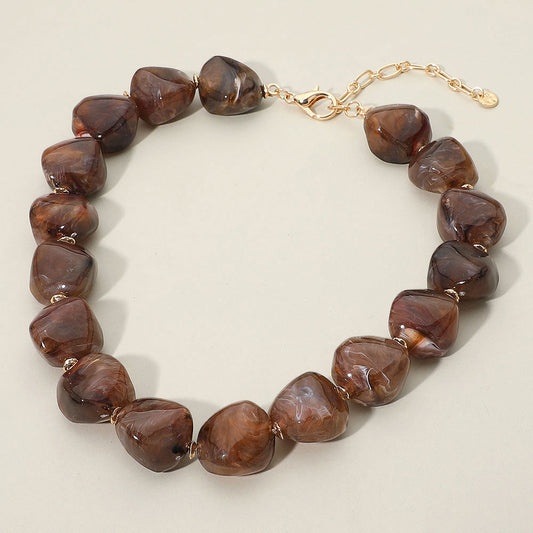 Chunky Marbled Resin Pebble Beaded Statement Necklace