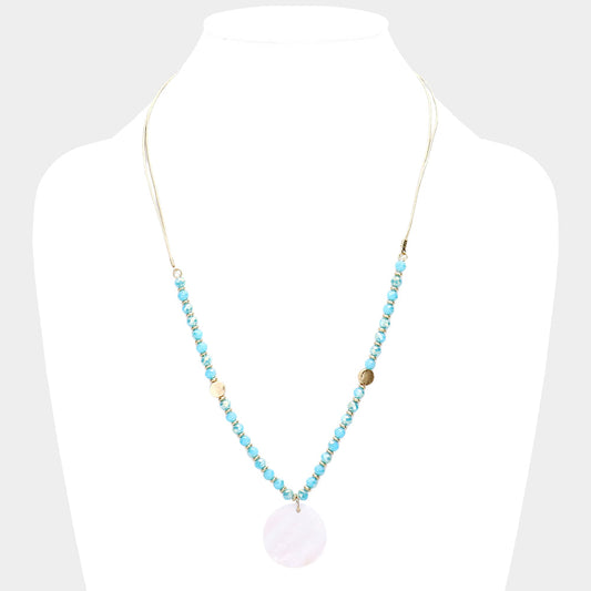 Mother of Pearl Pendant Faceted Beaded Adjustable Necklace