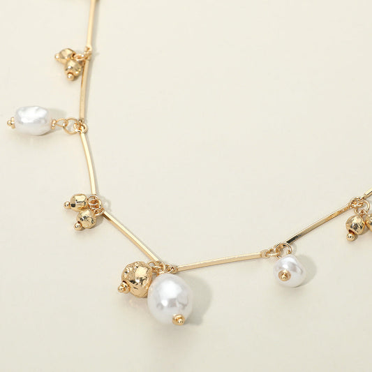 Pearl Metal Beads Charm Station Bar Link Chain Necklace