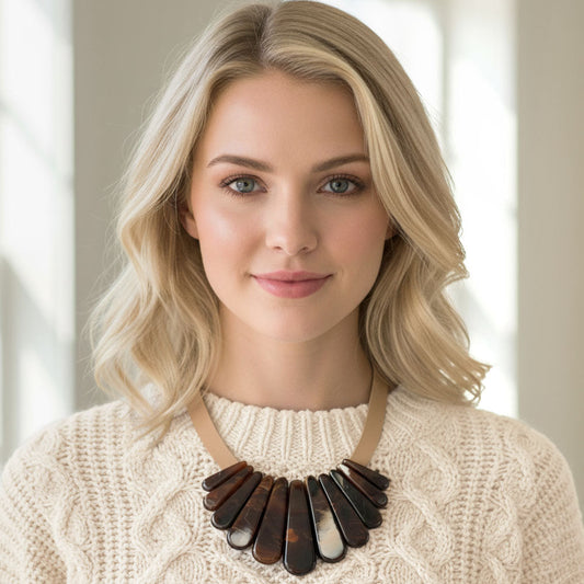 Resin Long Teardrop Plate Faux Leather Statement Necklace