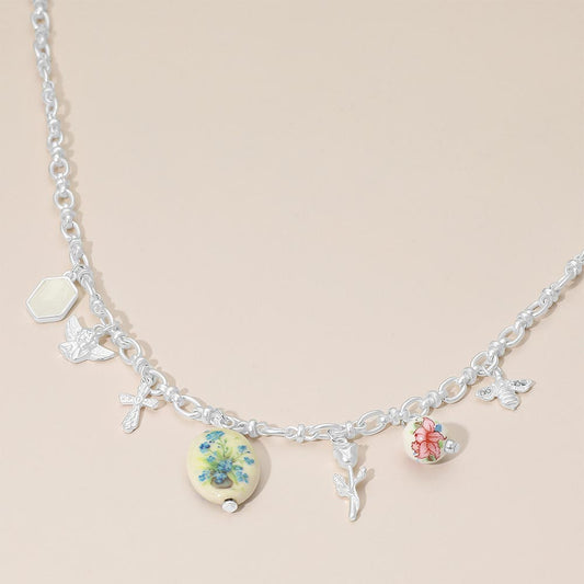 Vintage Floral Ceramic Charm Metal Angel Flower Stem Honey Bee Charm Station Necklace
