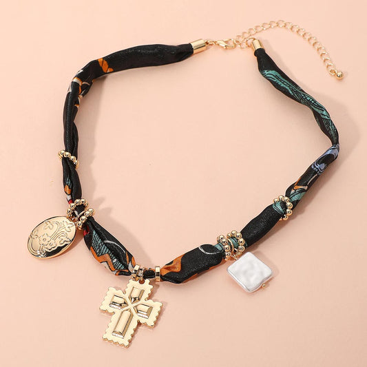 Boho Metal Cross Square Pearl Floral Oval Charm Fabric Necklace