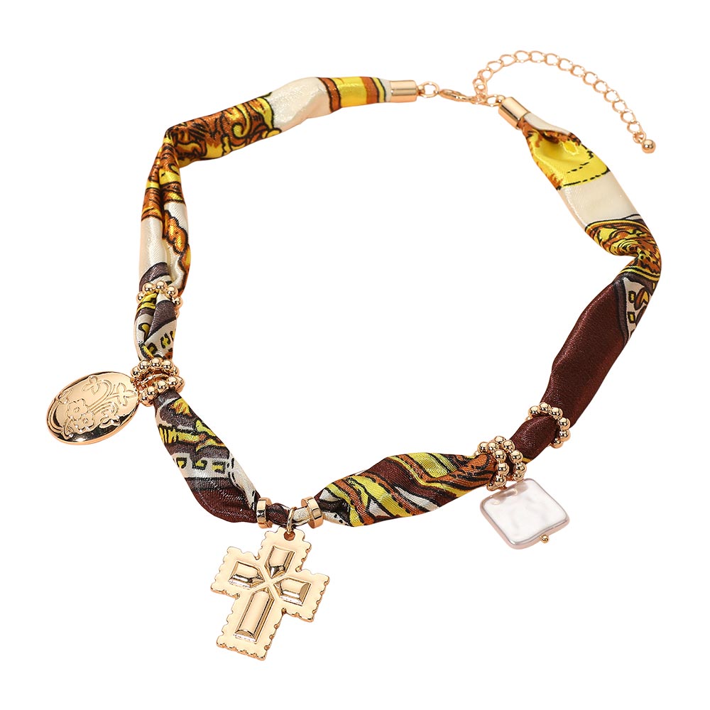 Boho Metal Cross Square Pearl Floral Oval Charm Fabric Necklace