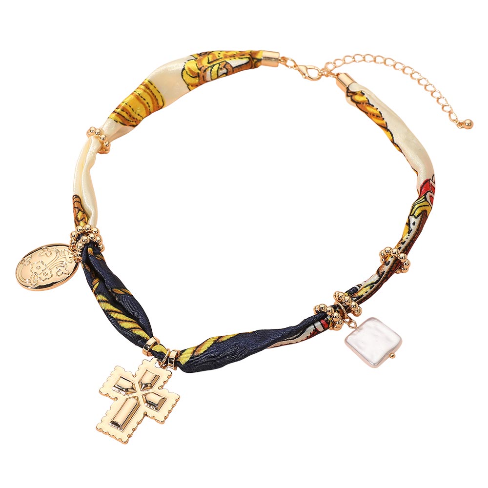Boho Metal Cross Square Pearl Floral Oval Charm Fabric Necklace