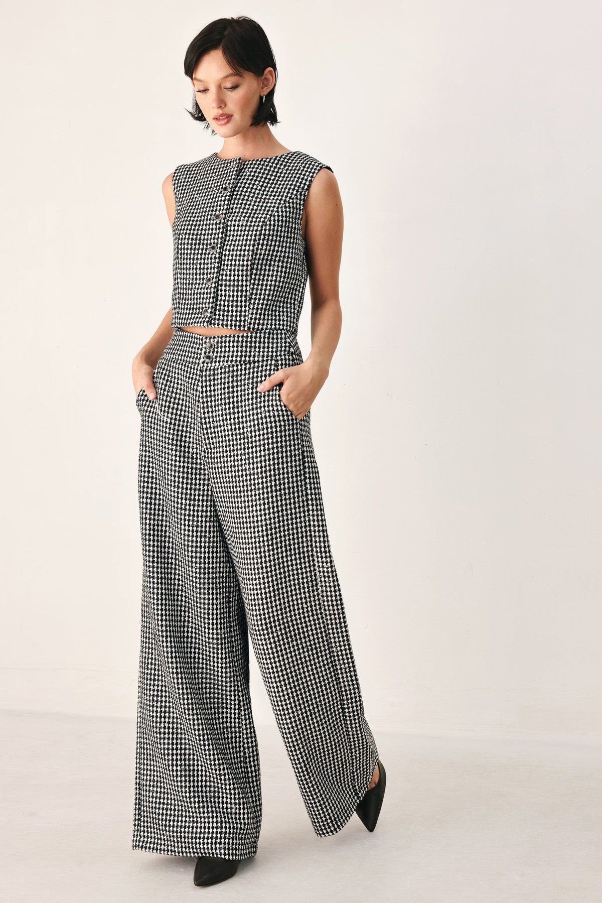 CHECKED IN SPARKLE HOUNDSTOOTH WIDE LEG PANTS