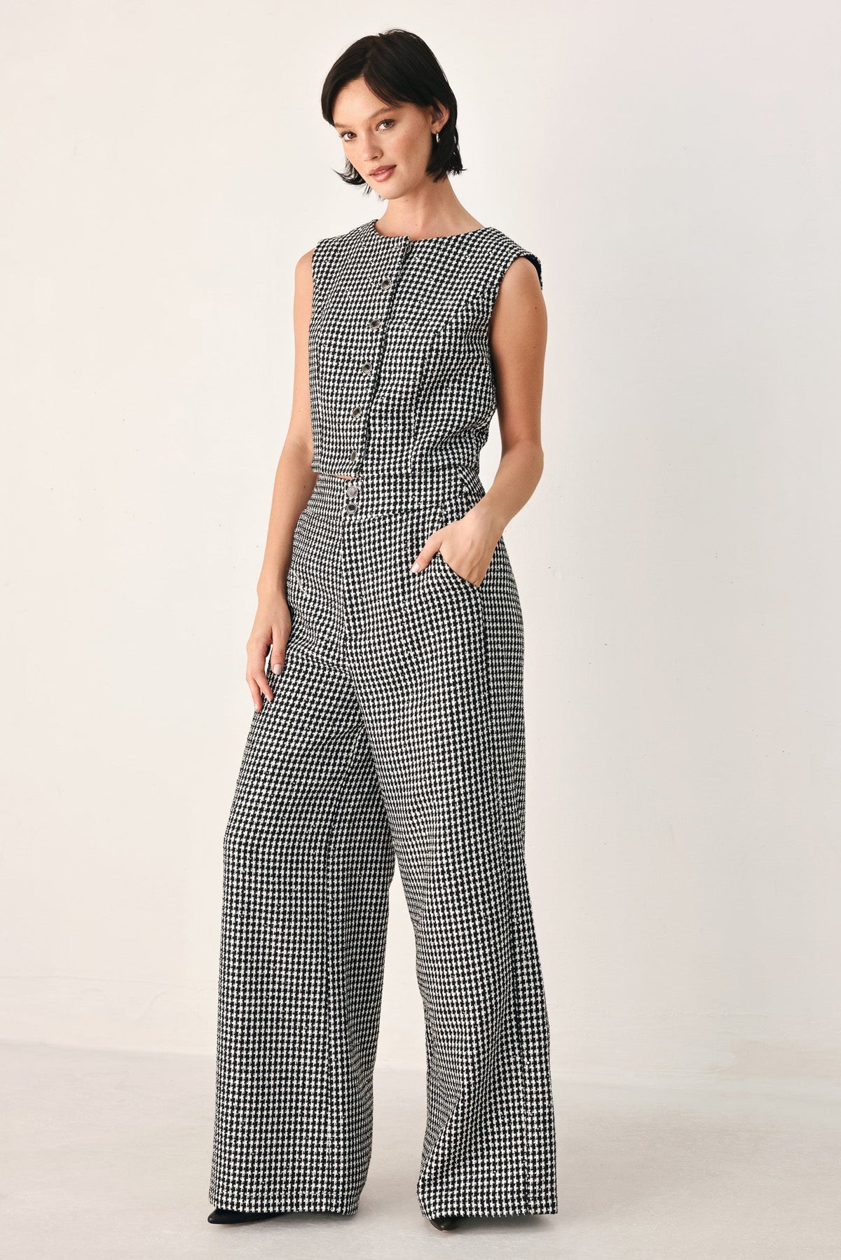 CHECKED IN SPARKLE HOUNDSTOOTH WIDE LEG PANTS
