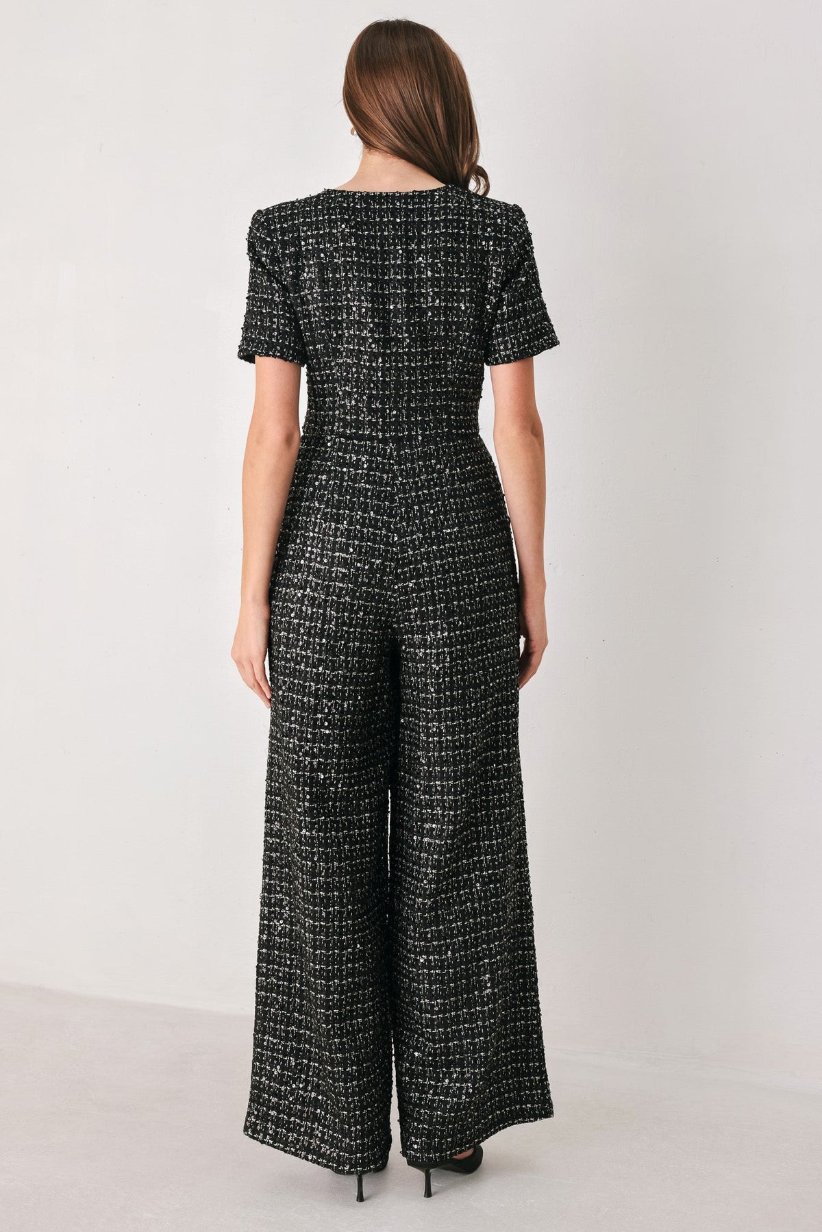 MIDNIGHT TWEED BLACK SEQUIN WIDE-LEG JUMPSUIT