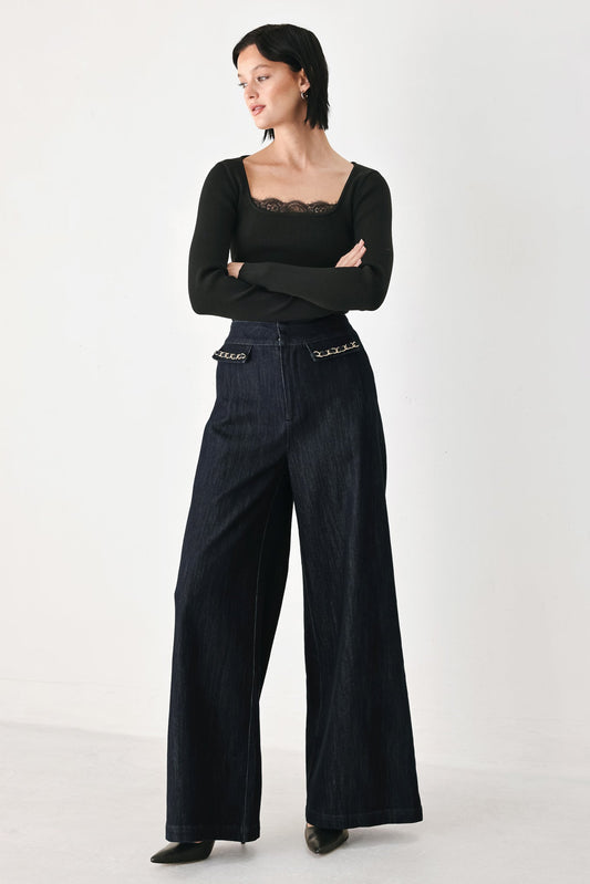 AFTER HOURS INDIGO CHAIN-TRIM WIDE-LEG JEANS