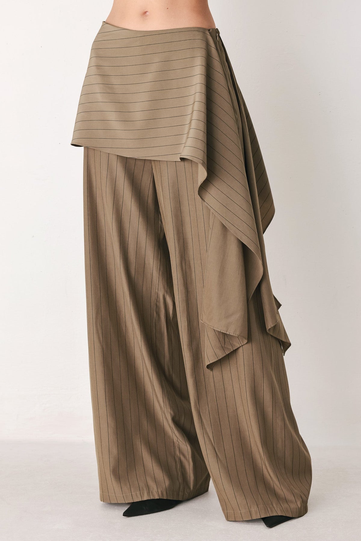 STRIPED DRAMA BROWN & BLACK SCARF-OVERLAY PANTS