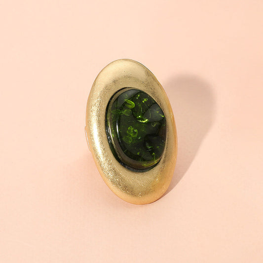 Oversized Abstract Resin Dome Accent Brushed Metal Oval Stretch Ring