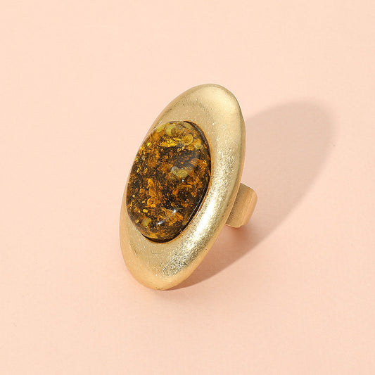 Oversized Abstract Resin Dome Accent Brushed Metal Oval Stretch Ring