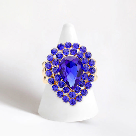 Crystal Teardrop Centered Bubble Cluster Stretch Ring