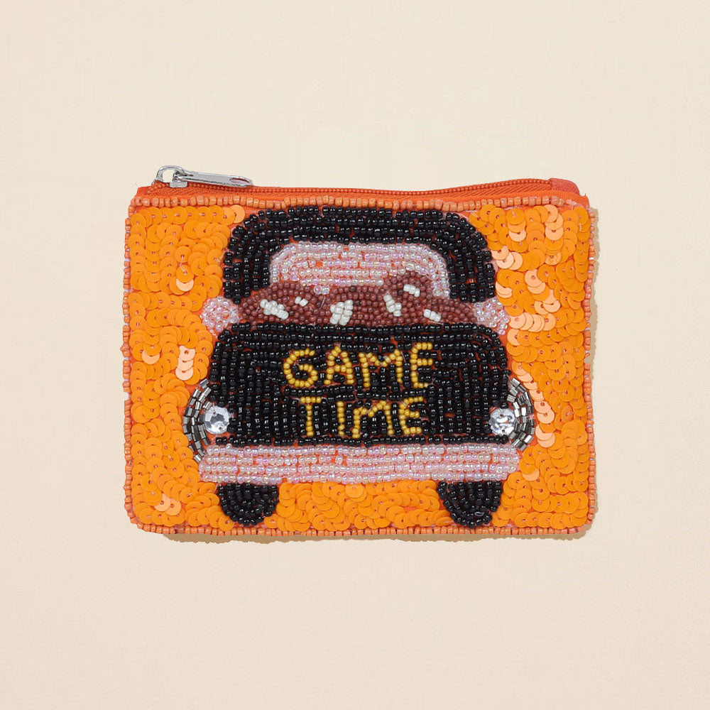 GAME TIME Message Football Seed Beaded Mini Pouch Bag