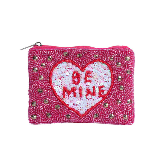 BE MINE Message Heart Sequin Seed Beaded Mini Pouch Bag