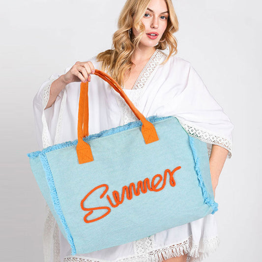 SUMMER Message Embroidered Fringe Canvas Tote Beach Bag