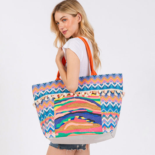 Boho Print Pom Pom Fringe Tote Bag