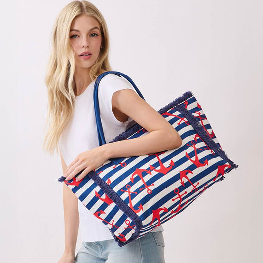 Anchor Pattern Stripe Fringe Trim Shoulder Tote Bag