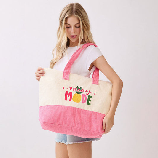 VACAY MODE Message Pineapple Graphic Printed Terry Tote Bag