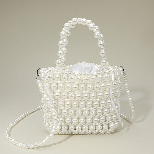 Pearl Beaded Top Handle Drawstring Pouch Handbag / Crossbody Bag