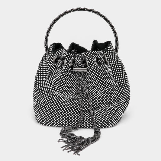 Bling Rhinestone Mesh Metal Draw String with Glass Stone Embellished Top Handle Bucket Bag / Crossbody Bag