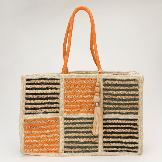Woven Color Block Stripe Wooden Tassel Straw Tote Bag